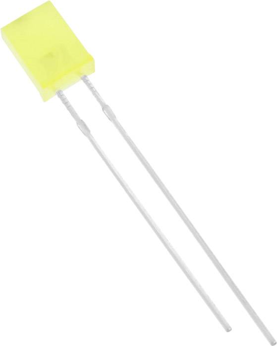 Un composant électronique rectangulaire jaune avec deux longues bornes métalliques fines, probablement un condensateur ou une résistance.