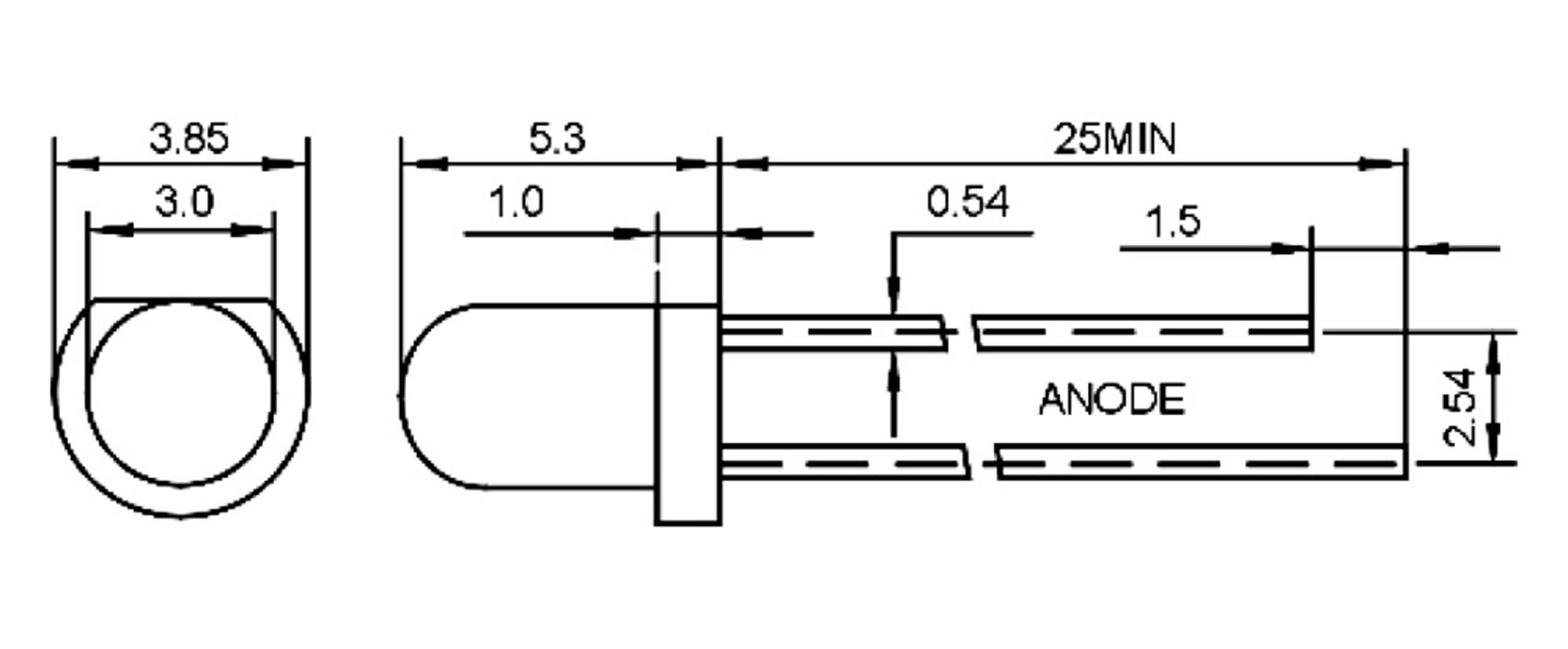 Figure montre un dessin technique d'une LED avec les dimensions suivantes : diamètre 3,0 mm, longueur 5,3 mm, écartement des broches 2,54 mm, anode marquée.
