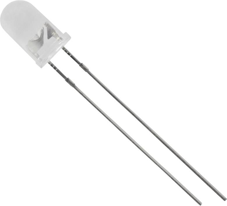 Une diode LED unique dans un boîtier transparent avec deux longues connexions métalliques, est souvent utilisée dans les appareils électroniques.