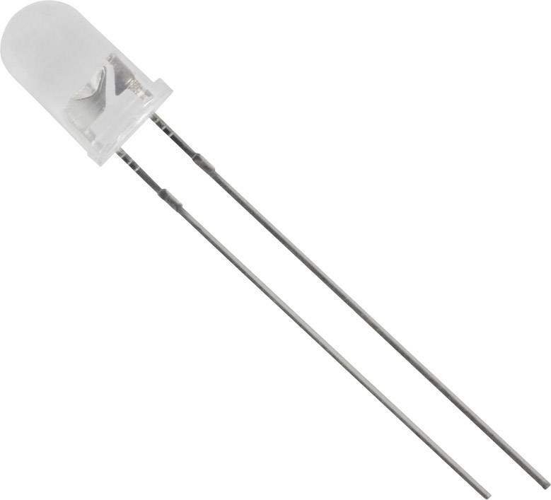 Un composant LED transparent unique avec deux connexions métalliques, posé sur un fond blanc.