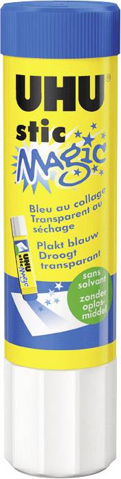 Colle en stick UHU, bleue lors de l'application, sèche de manière transparente. Adaptée au papier. Emballage au design jaune et bleu.