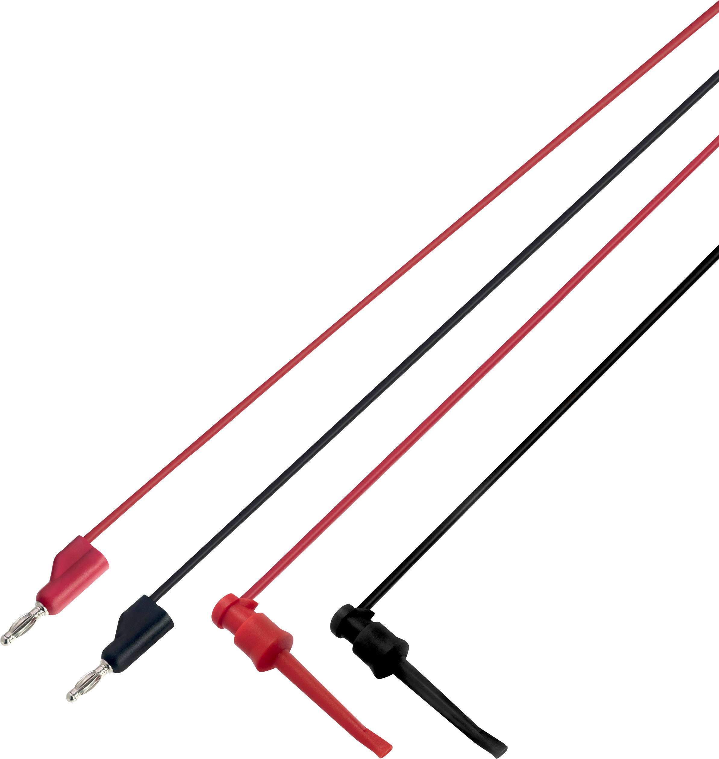 Câbles de test rouges et noirs avec fiches bananes, utilisés pour des mesures électriques.