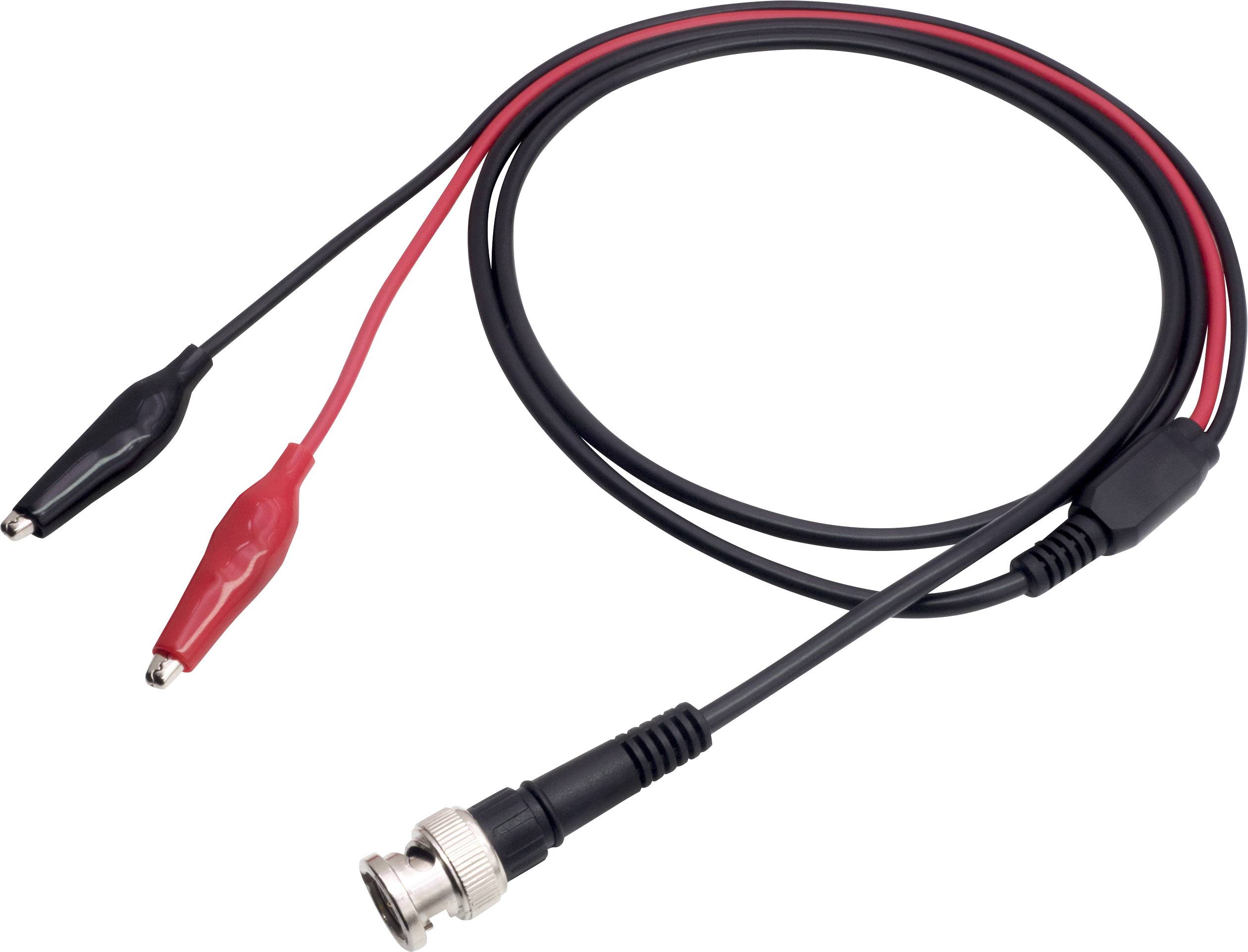 Câble noir avec connecteur BNC et deux pinces crocodiles en rouge et noir, adapté pour les connexions et tests électriques.