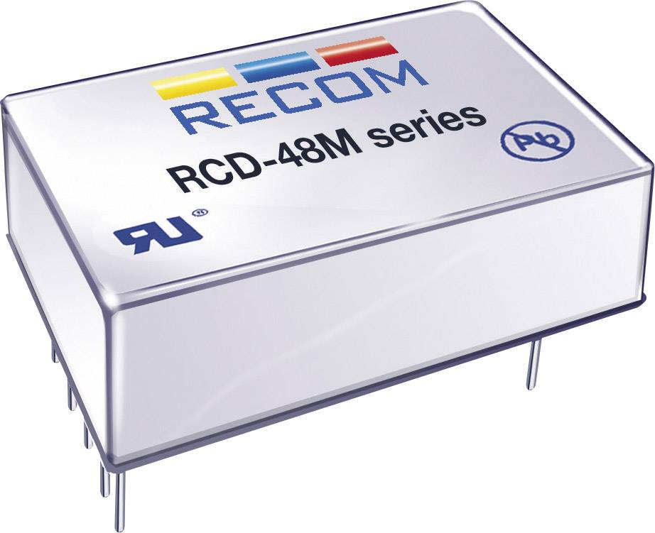 Un composant électronique rectangulaire argenté portant l'inscription « RECOM RCD-48M series ». Plusieurs petits logos sont également présents sur sa surface.