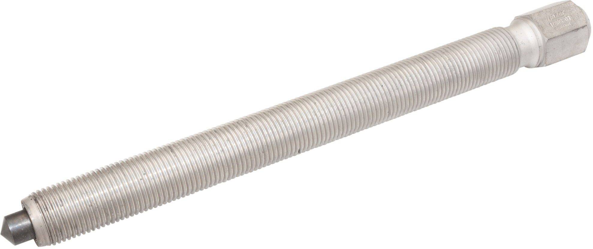 Long boulon cylindrique en métal avec une tête hexagonale à droite et une extrémité arrondie à gauche.