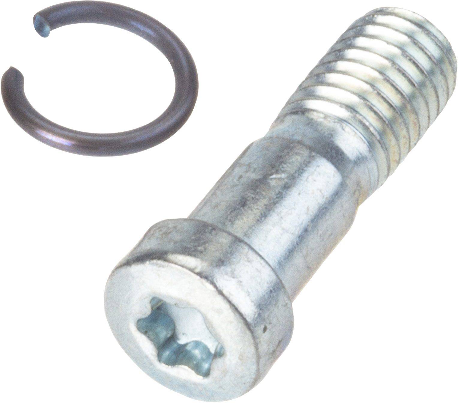Vis métallique à tête Torx avec anneau de sécurité. La vis est posée à côté de l'anneau, tous deux fabriqués en métal.