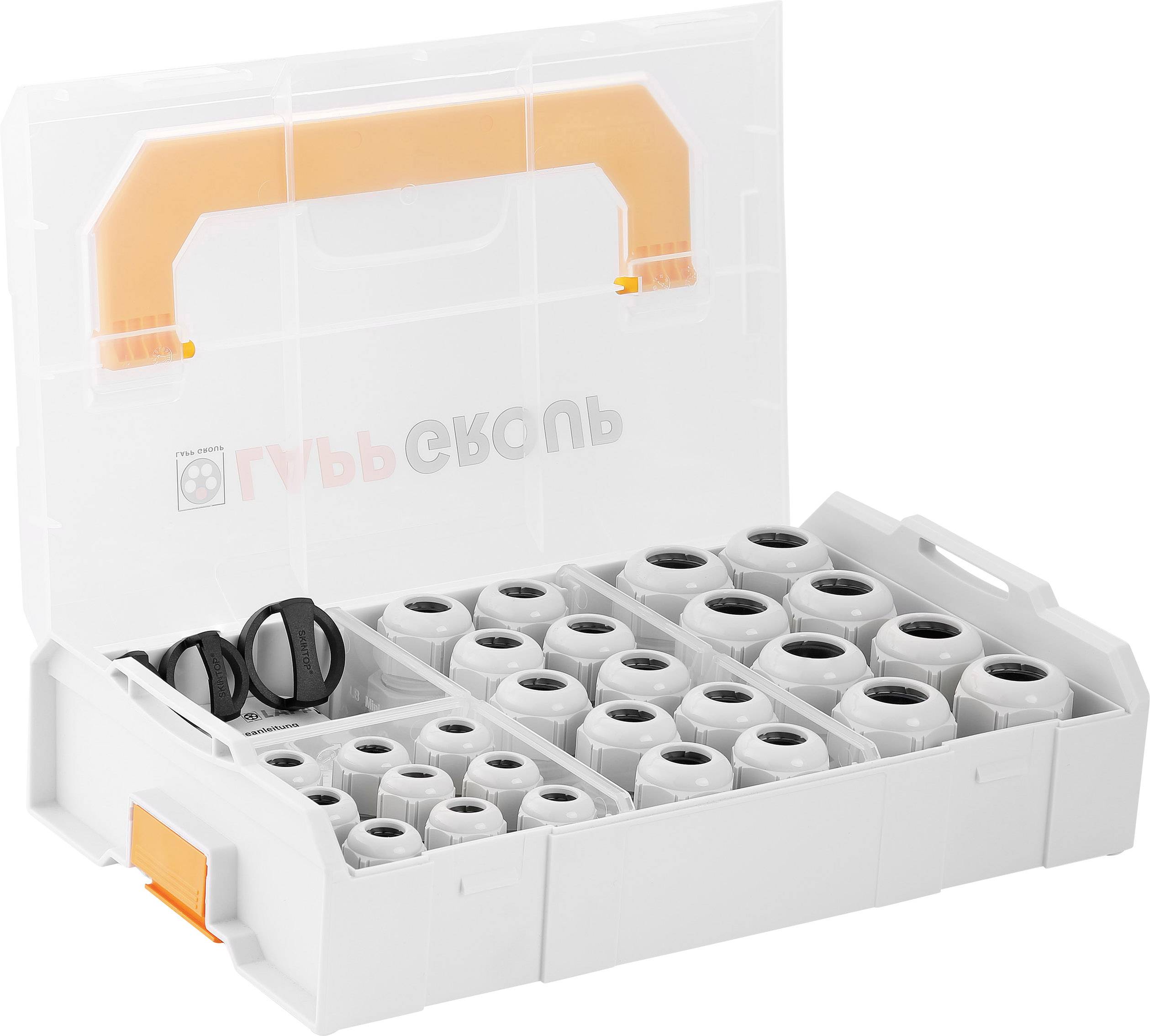 Boîte de rangement ouverte contenant des rouleaux en plastique gris et deux protège-oreilles noirs. La boîte possède une poignée orange.