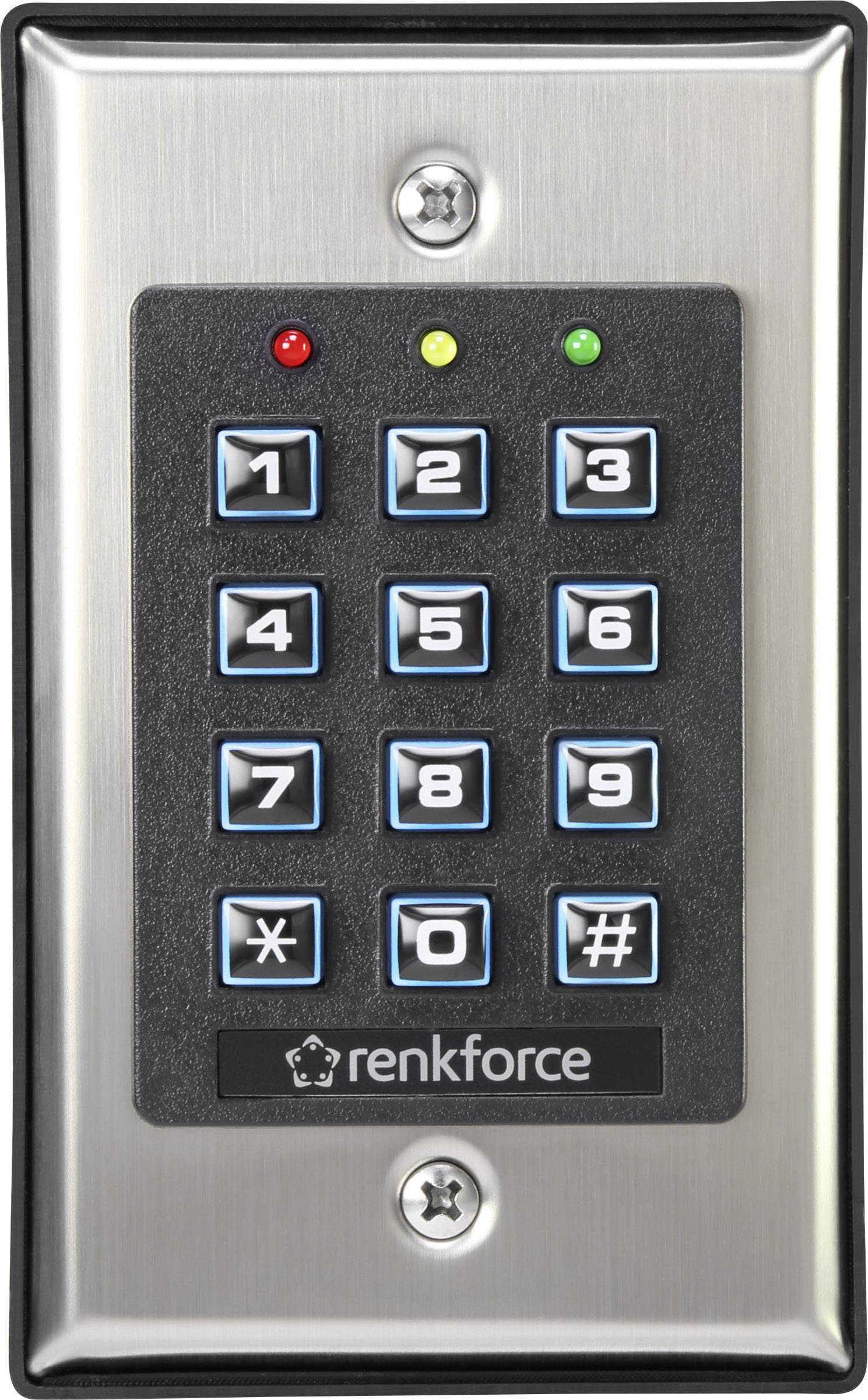Clavier métallique avec douze touches numériques et trois voyants LED en haut.