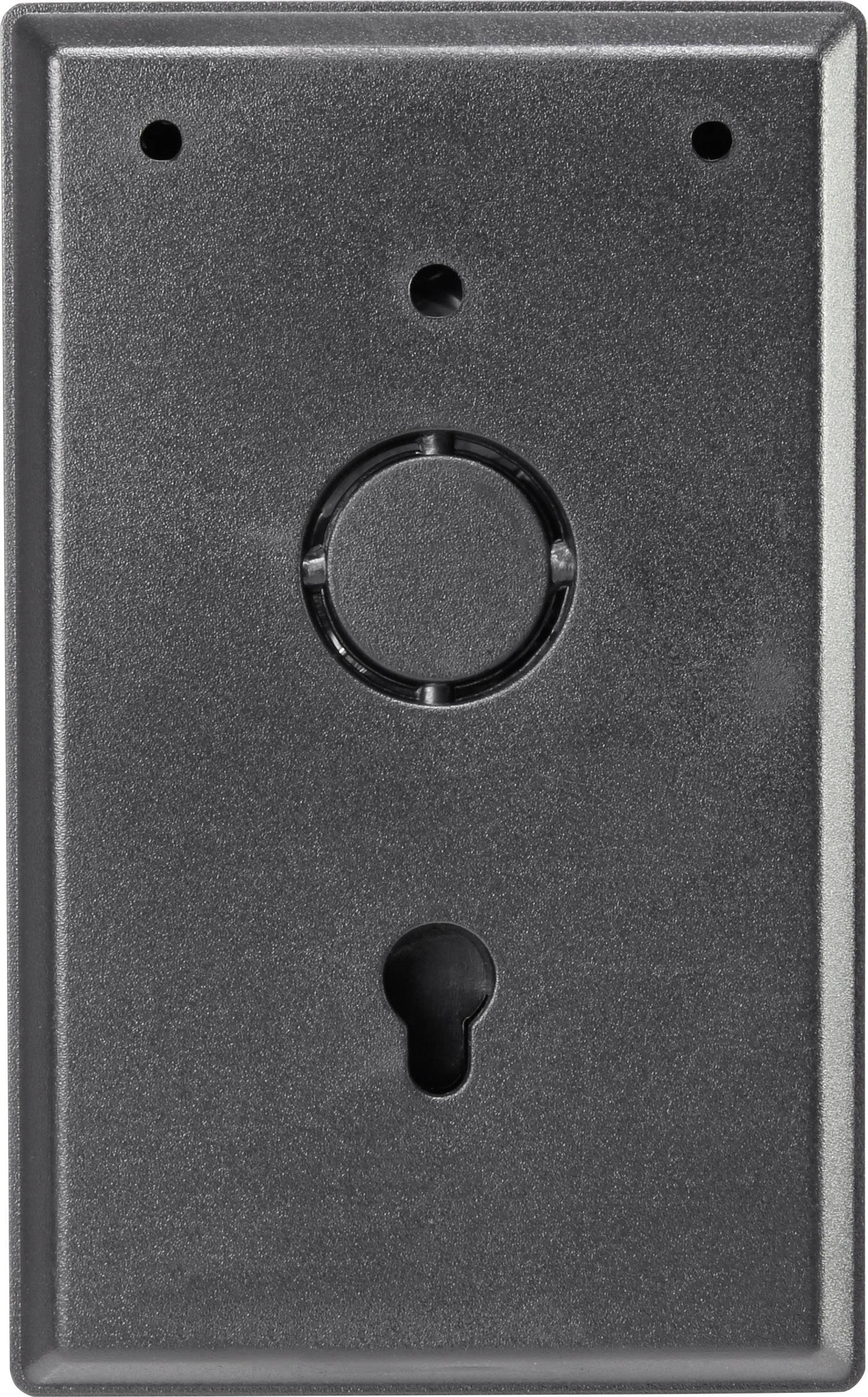 Une plaque de commutateur murale noire avec un bouton central rond et un trou de serrure situé en dessous.