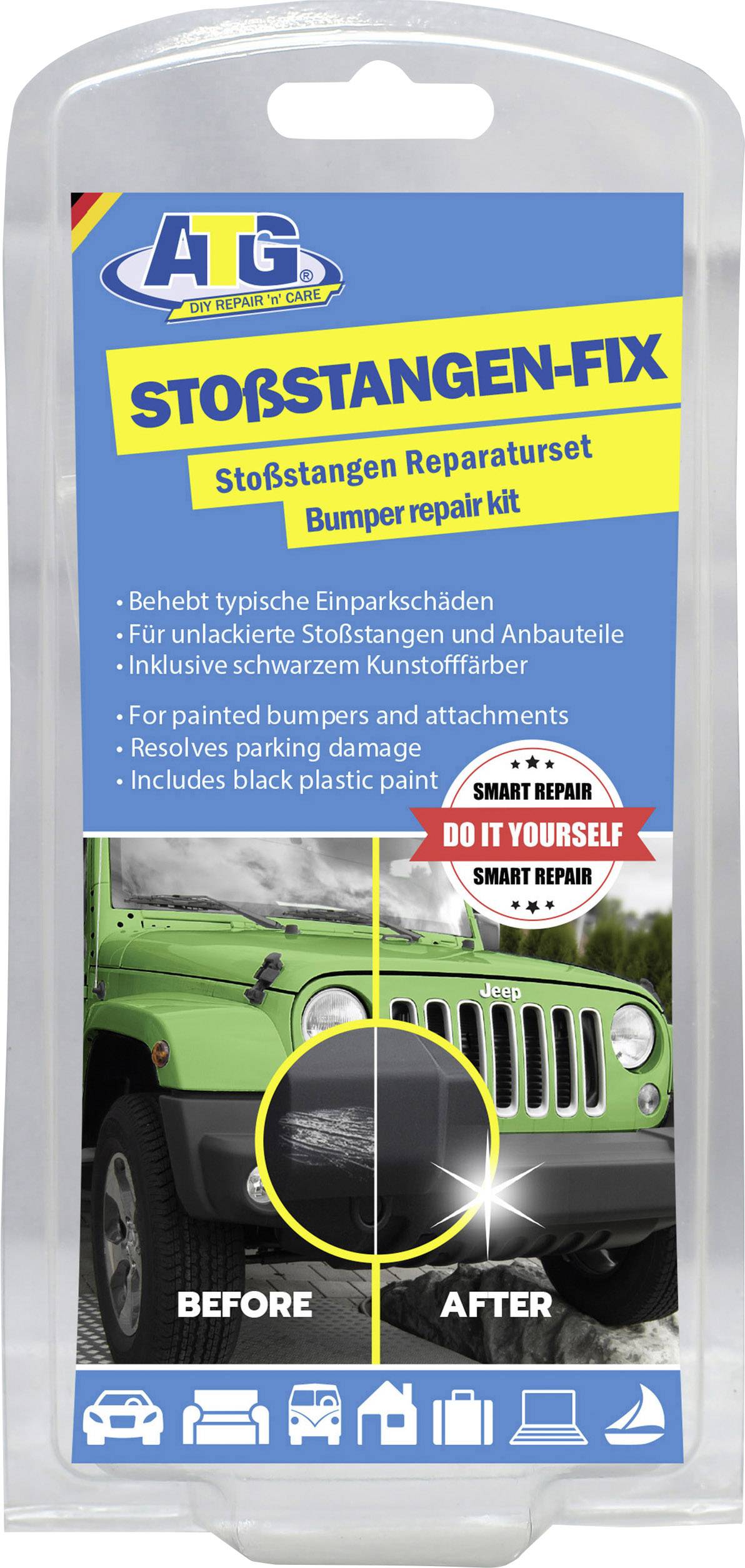 Emballage du kit de réparation de pare-chocs ATG : Contient un manuel et des images du produit avec une comparaison avant-après d'une voiture verte.