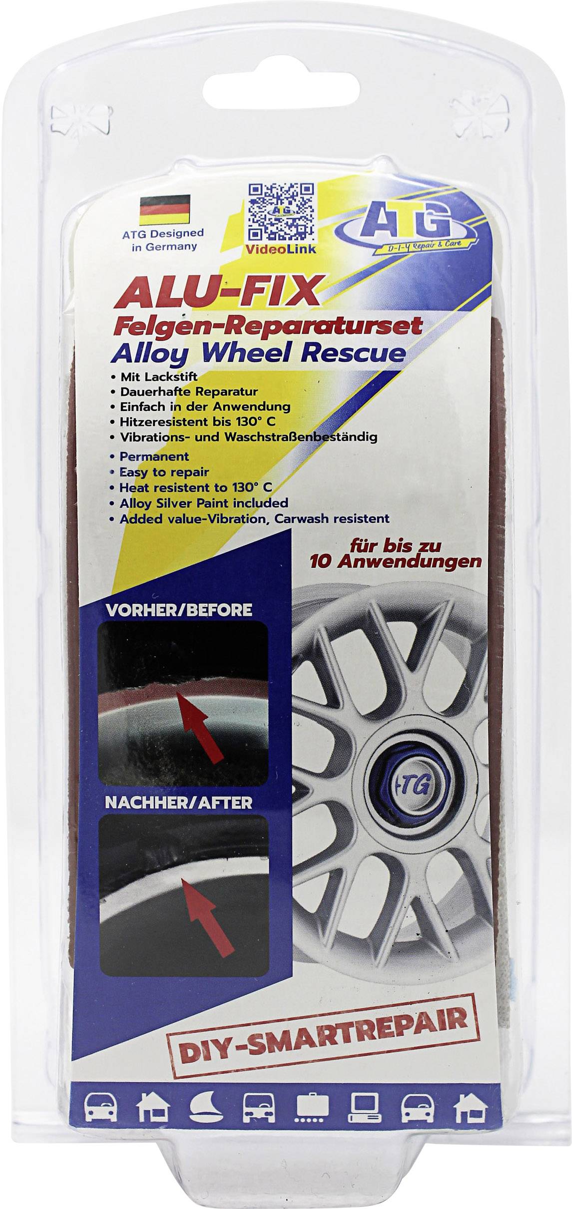 Kit de réparation pour jantes en aluminium avec images avant-après. Contient un guide pour réparation intelligente à faire soi-même. Adapté pour jusqu'à 10 applications.