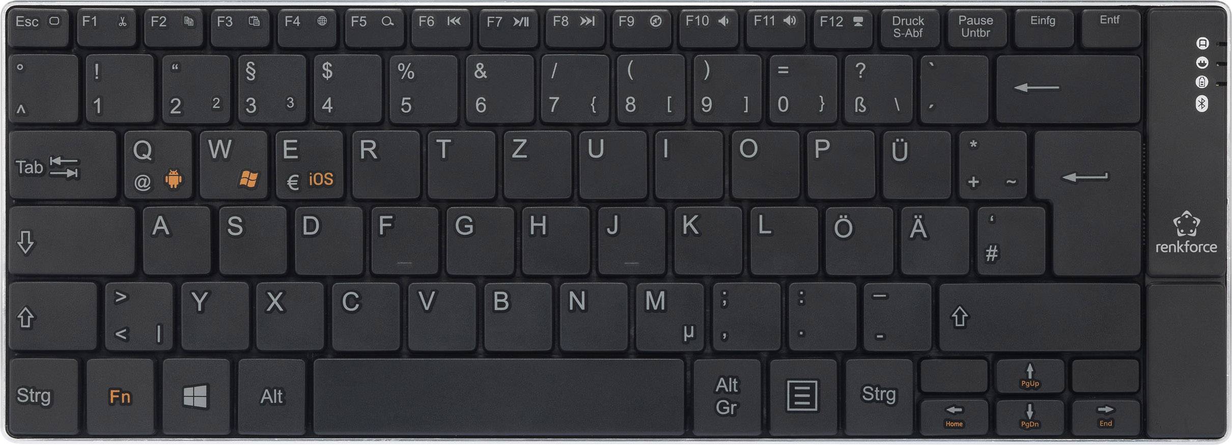 Clavier d'ordinateur en disposition allemande QWERTZ, touches noires avec lettres blanches, touches d'accentuation orange dans le coin inférieur gauche.