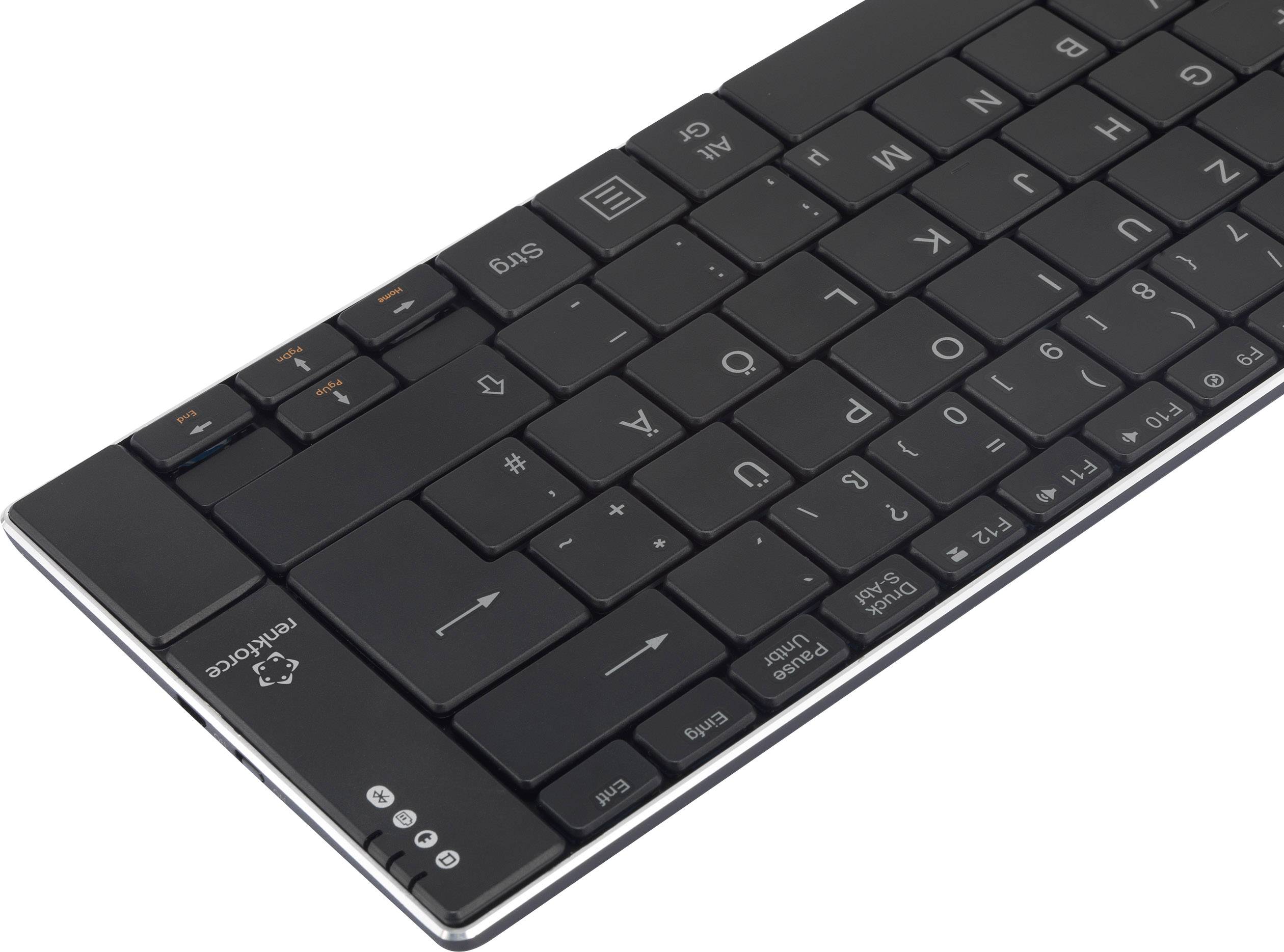 Clavier d'ordinateur portable noir sans pavé numérique, équipé de touches QWERTZ allemandes. Des touches de fonction spéciales sont situées en haut à gauche.