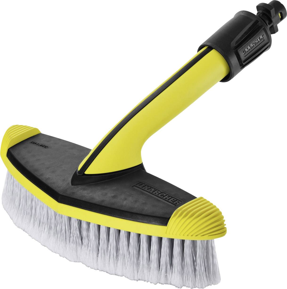 Une brosse de nettoyage jaune avec des éléments noirs et gris, adaptée au nettoyage des surfaces.