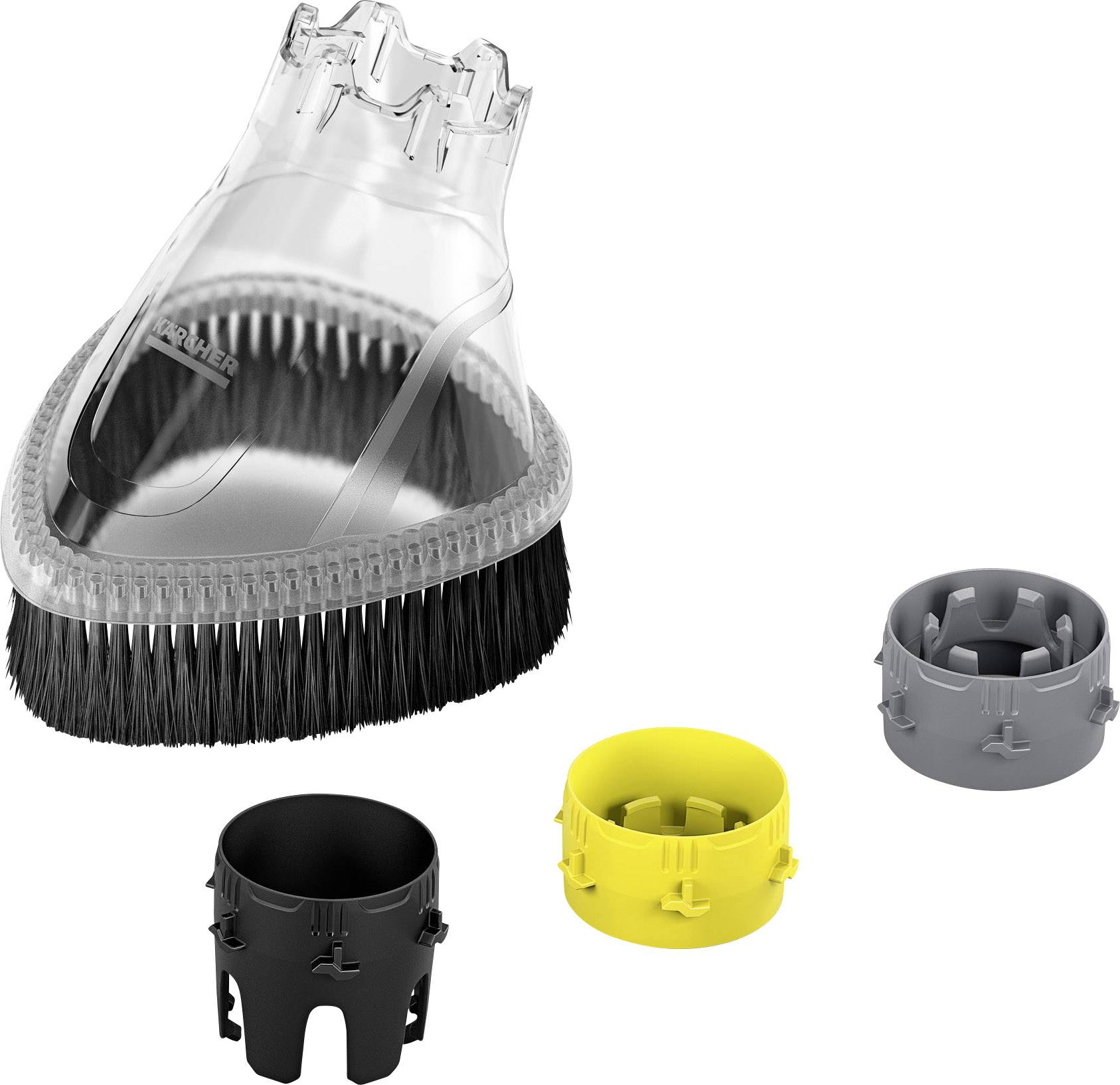 Brosse de nettoyage avec des poils noirs et trois embouts interchangeables en noir, jaune et gris, posés à côté.