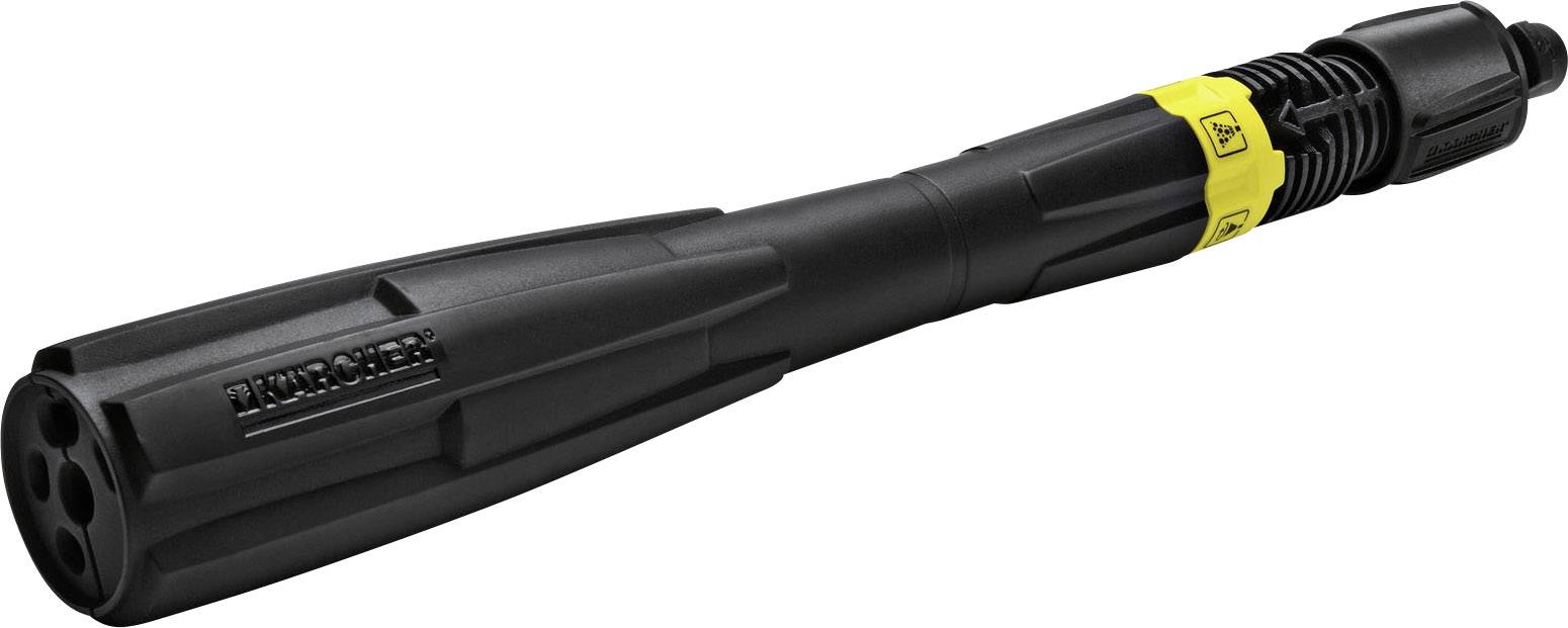 Un embout de nettoyeur haute pression noir avec des raccords jaunes, marqué 'Kärcher'.