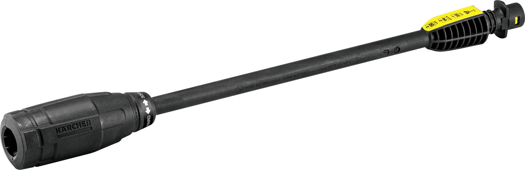 Lance de nettoyeur haute pression Kärcher avec poignée noire et étiquette jaune, conçue pour nettoyer différentes surfaces.