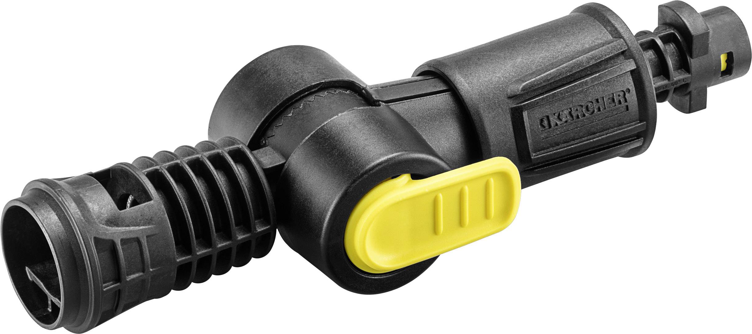 Un raccord en plastique noir avec un levier jaune, probablement un adaptateur ou un couplage pour des équipements de nettoyage.