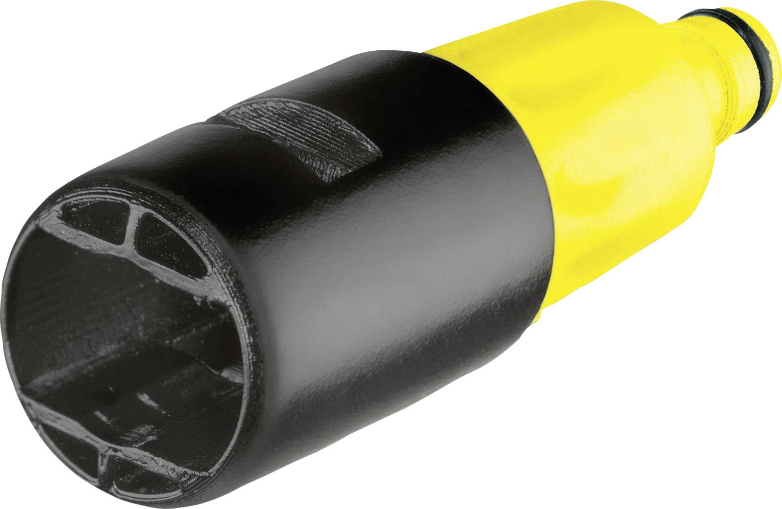 Un raccord jaune et noir, probablement un adaptateur pour un tuyau d'arrosage ou un système de canalisations d'eau.
