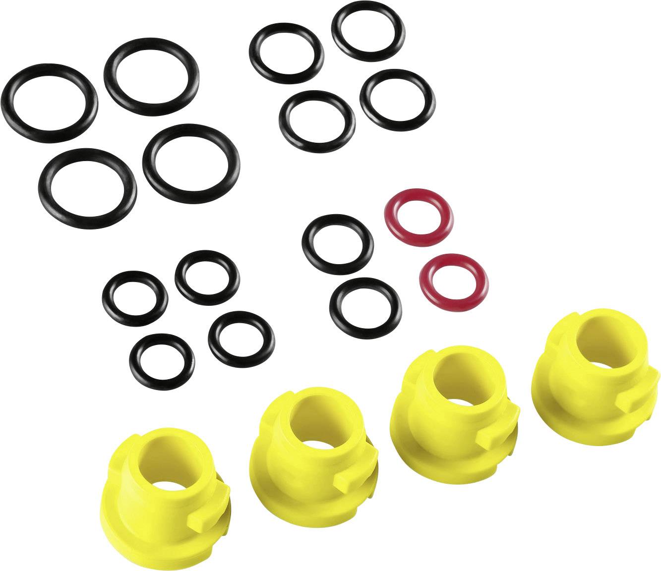 Plusieurs joints toriques noirs et rouges à côté de quatre composants en plastique jaunes sur un fond blanc, probablement des pièces de rechange pour des réparations.