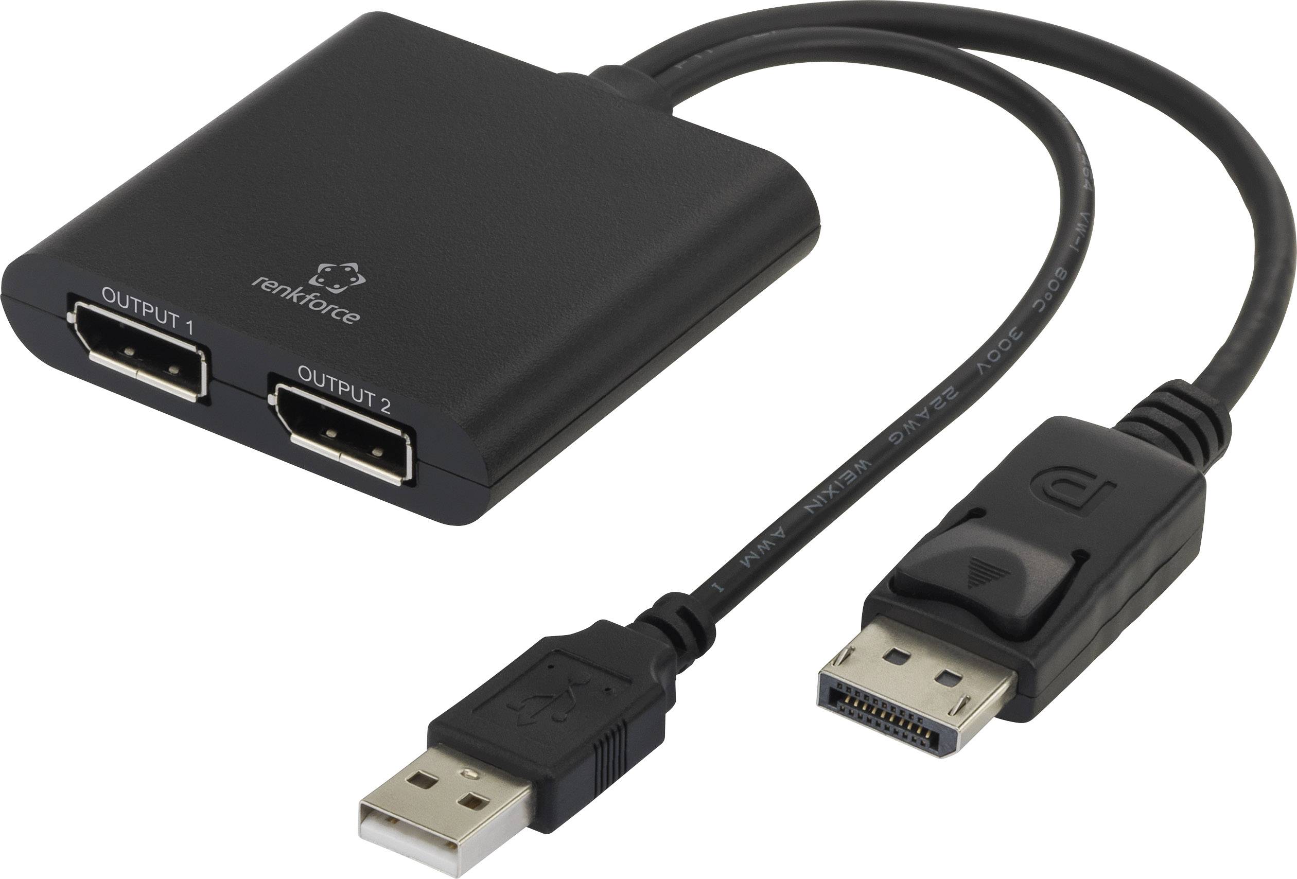 Câble noir avec fiche USB et deux sorties DisplayPort, adapté pour connecter un PC à deux écrans.