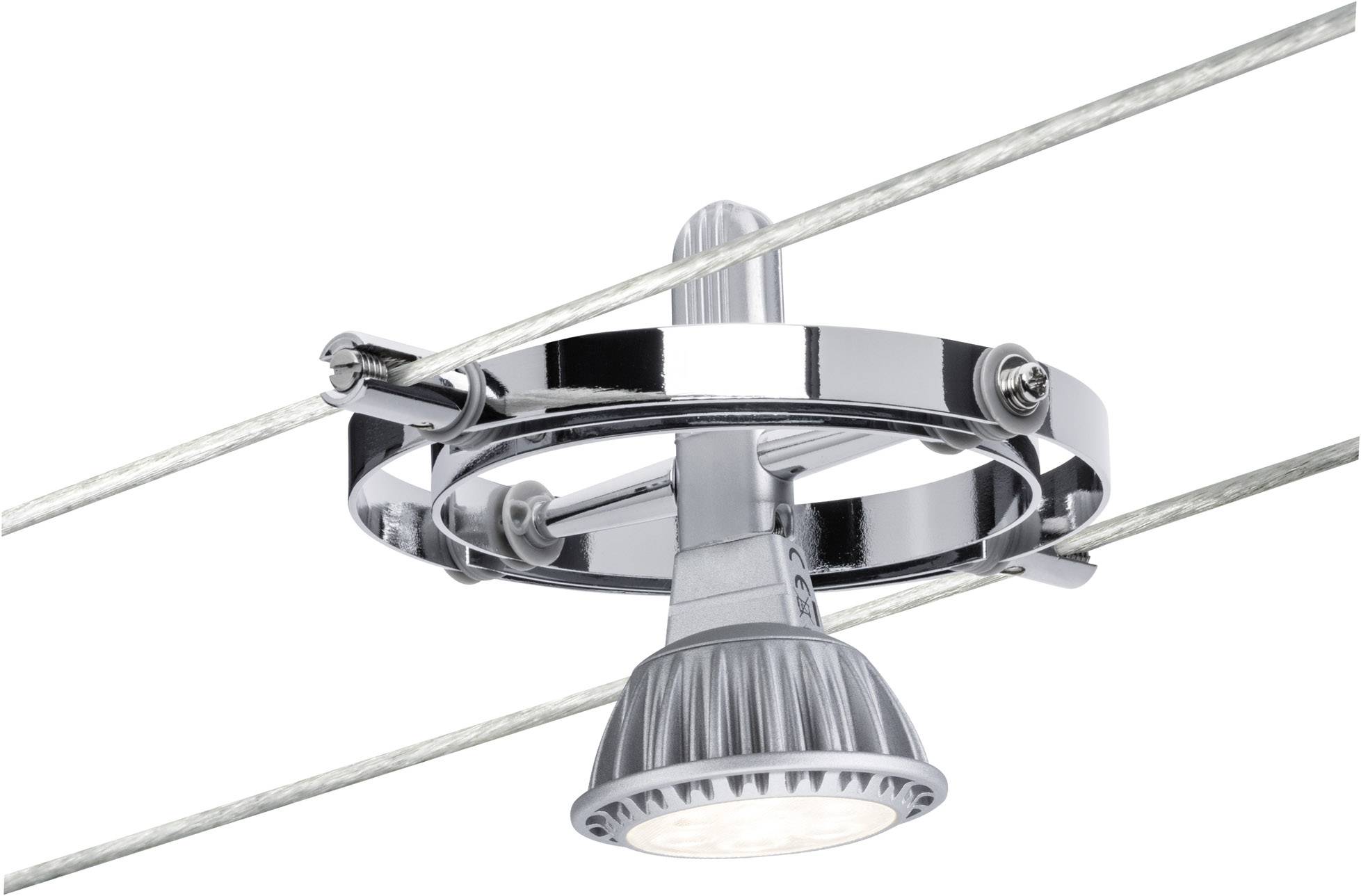 Suspension lumineuse avec un cadre métallique montée sur deux câbles, équipée d'un éclairage LED orienté vers le bas.