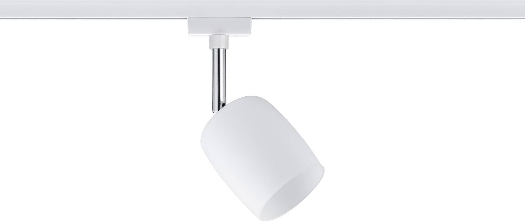 Projecteur blanc unique monté sur un rail, orienté vers le bas. Design minimaliste pour l'éclairage intérieur.