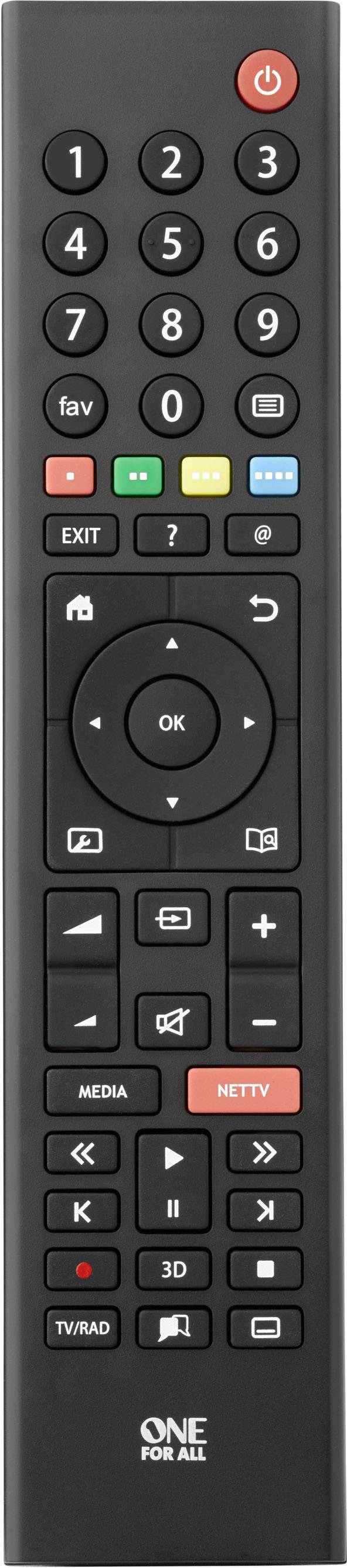 Télécommande universelle noire avec touches numériques, volume, chaînes et fonctions telles que 'Netflix' et 'Favoris'.