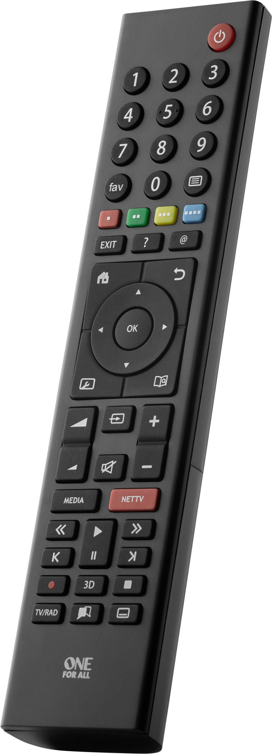 Une télécommande noire avec des touches pour les chiffres, le volume, le changement de chaîne et des menus spéciaux. Le bouton marche/arrêt se trouve en haut à droite.