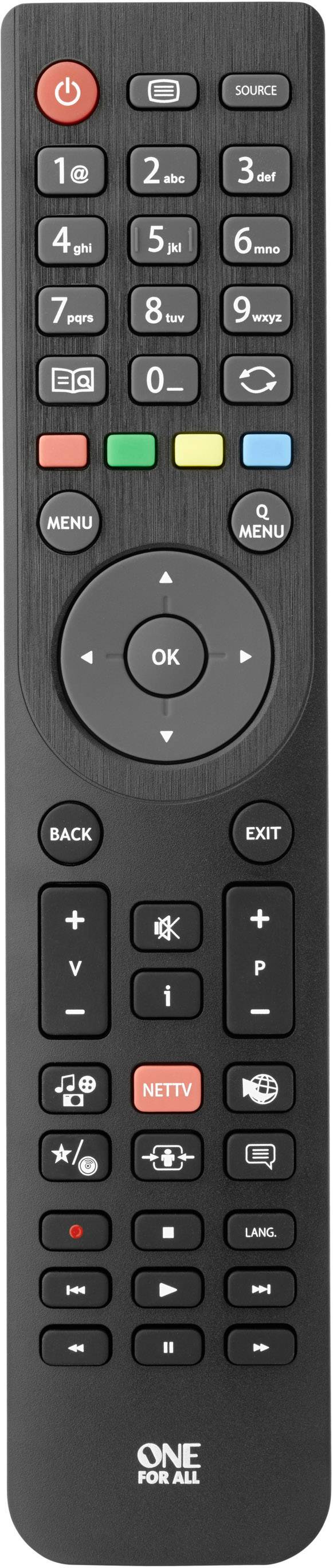 Télécommande noire avec touches numériques, touches de contrôle, touches de volume et fonctions spécifiques telles que 'NETTV' et 'BACK'.