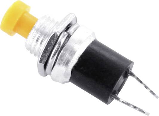 Un bouton-poussoir jaune avec deux bornes métalliques, adapté aux circuits électroniques et aux projets DIY.