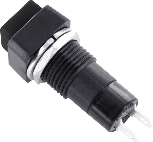 Interrupteur à bouton-poussoir noir avec deux broches métalliques. Adapté pour les applications électroniques.