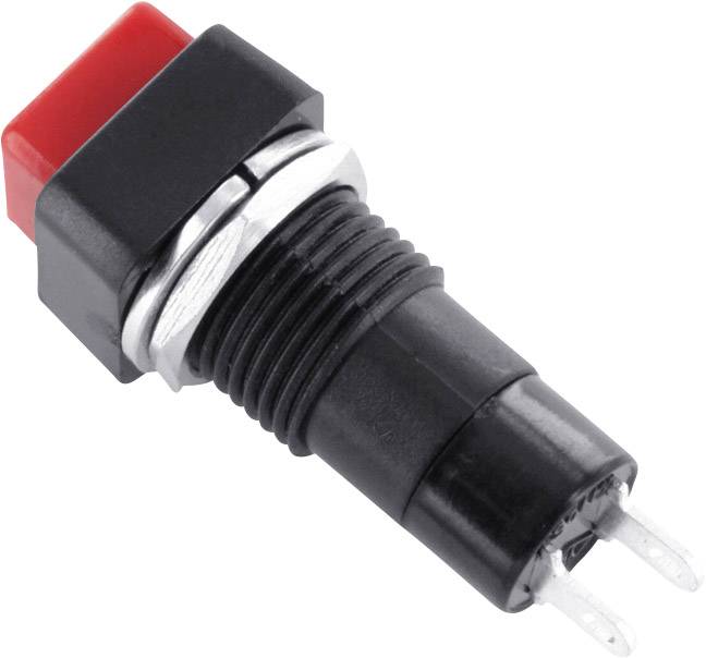 Interrupteur noir avec bouton rouge et deux contacts argentés en bas. Adapté aux applications électroniques ou aux appareils.