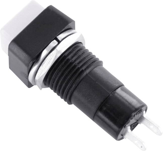 Interrupteur à bascule noir avec écrou métallique et deux broches de connexion. Adapté pour les appareils électroniques afin de contrôler le statut marche/arrêt.
