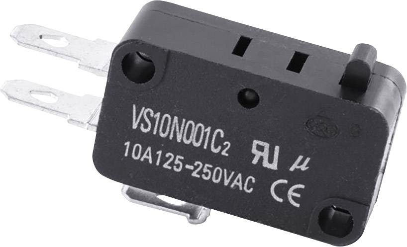 Un micro-interrupteur noir avec des bornes métalliques. Étiqueté 'VS10N001C2' et '10A125-250VAC', adapté aux applications électriques.