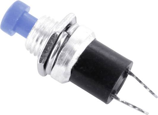 Un bouton-poussoir rond avec un bouton bleu et deux connexions métalliques. Le bouton est encastré dans un support argenté.