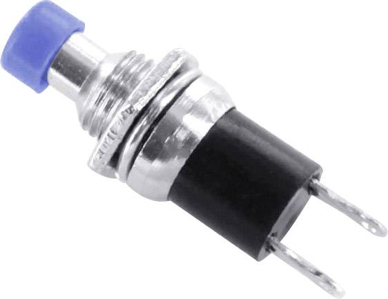 Un bouton-poussoir bleu avec deux bornes métalliques et un boîtier en plastique noir, représenté de côté.