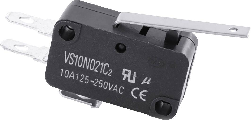 Un microrupteur à levier, avec marquage 'VS10N021C2', adapté pour 10A 125-250VAC.