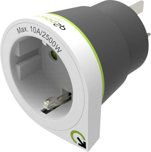 Une fiche adaptateur noir et blanc portant l'inscription « Max. 10A/2500W » sur le bord. Convient aux appareils électriques jusqu'à 2500 watts.