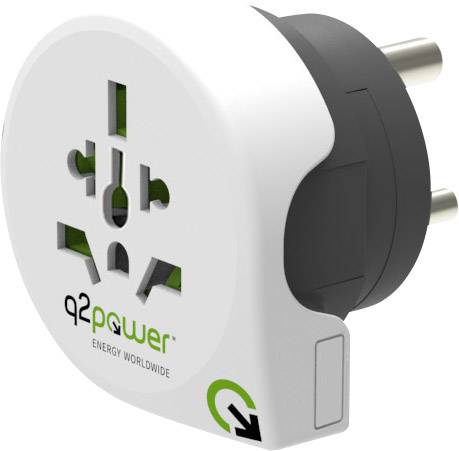 Adaptateur de voyage universel avec deux prises et insert noir, adapté à différents types de fiches. Marqué 'q2power'.
