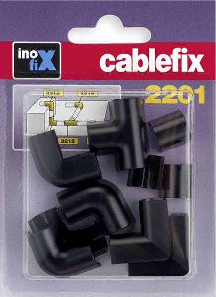 Boîte de raccords d'angle noirs pour câbles. Marque 'inofix', modèle 'cablefix 2201'. Le diagramme montre l'application pour connecter des câbles aux angles.