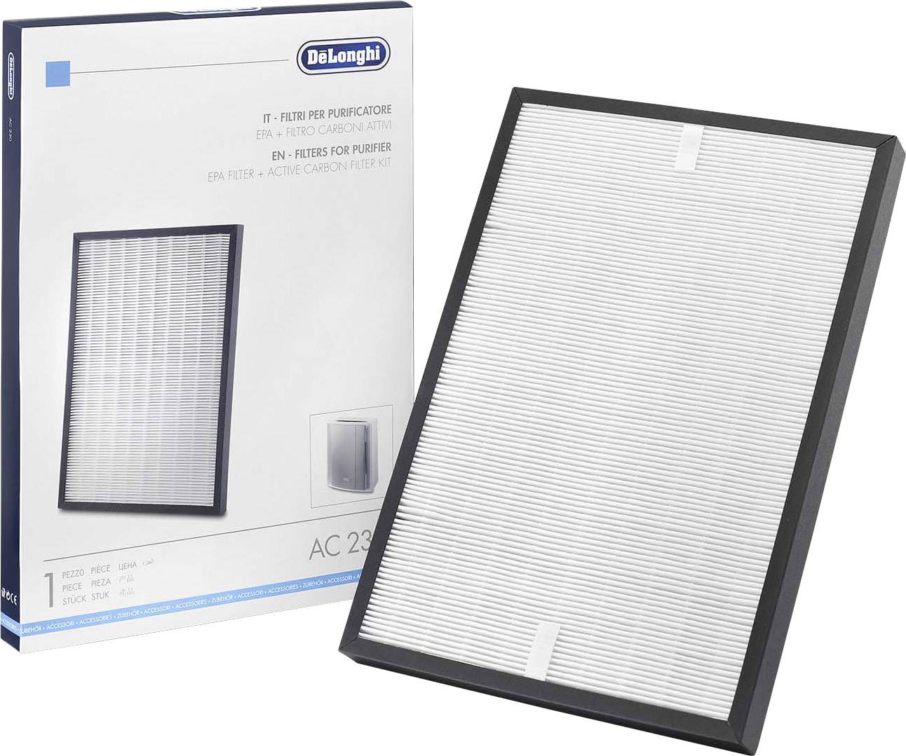 Un filtre de purificateur d'air de la marque DeLonghi, modèle AC 230. L'emballage présente le nom du produit et le filtre, adapté à des purificateurs d'air spécifiques.