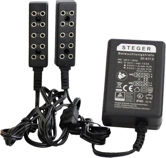 Un transformateur d'éclairage noir de Steger équipé de deux multiprises, adapté pour la connexion de plusieurs petits appareils.