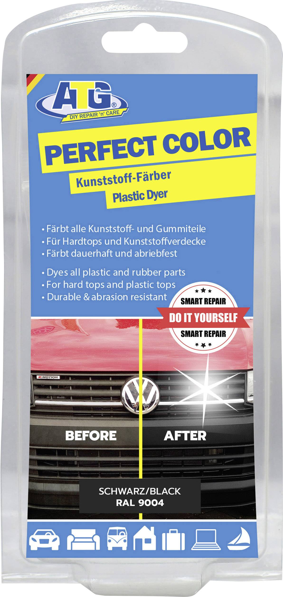 'ATG Perfect Color' Colorant plastique pour pièces automobiles. L'emballage illustre l'utilisation avant-après sur une grille de voiture. Couleur : Noir RAL 9004.