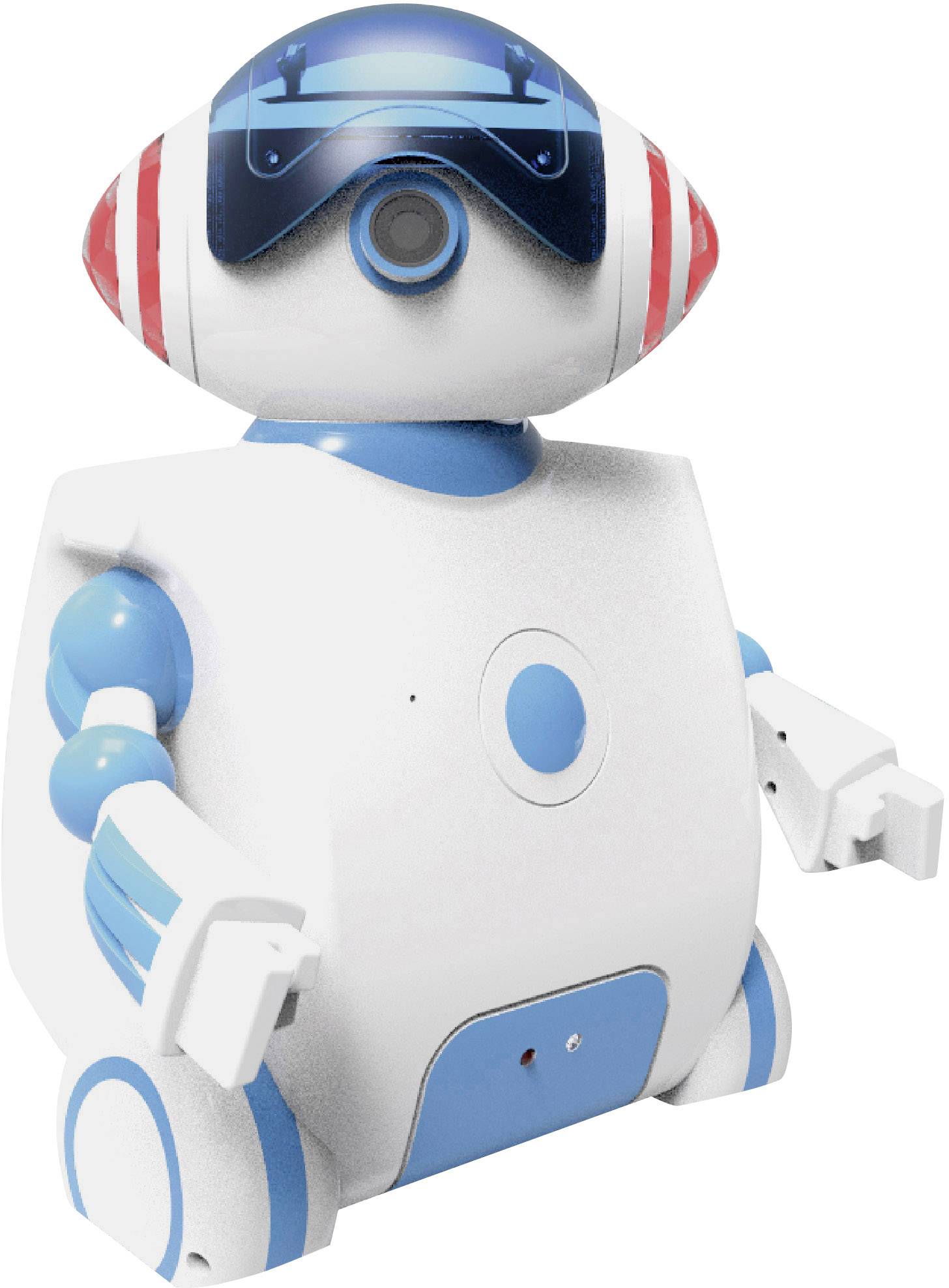 Un robot blanc et bleu avec de grands yeux ronds et des bandes rouges sur les oreilles se tient debout.