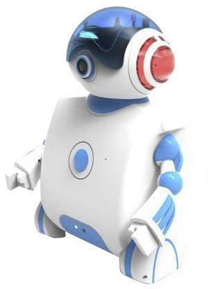 Un petit robot blanc et bleu avec une tête en dôme et des oreilles rouges se tient debout. Conçu pour des applications interactives ou ludiques.