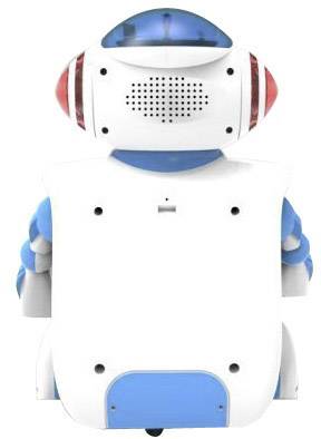 Un robot blanc et bleu vu de dos, avec sa tête et ses bras visibles, pourrait être utilisé pour des tâches d'assistance ou comme robot éducatif.