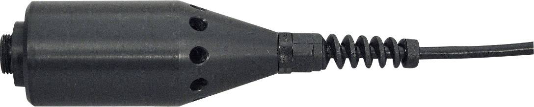 Un boîtier de microphone noir, cylindrique, doté de plusieurs trous et d'une connexion de câble spiral.