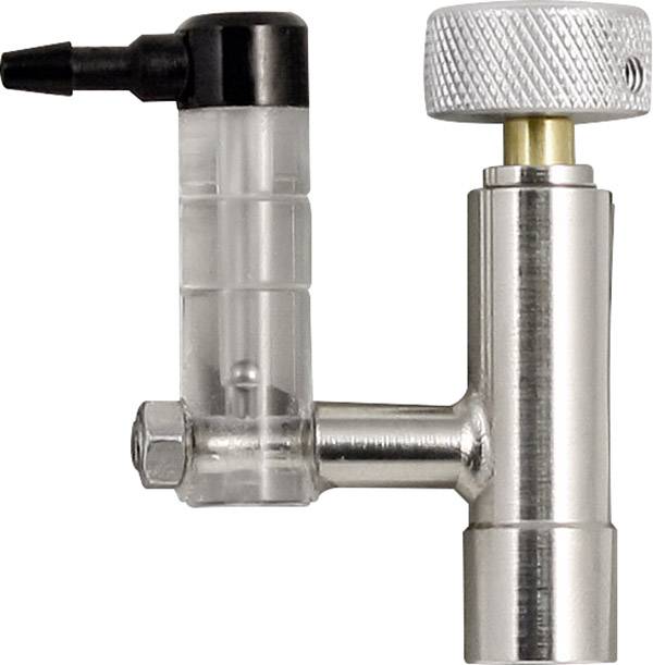 Vanne CO2 avec molette de réglage à fine aiguille, cylindre transparent pour la surveillance des bulles et raccord noir.