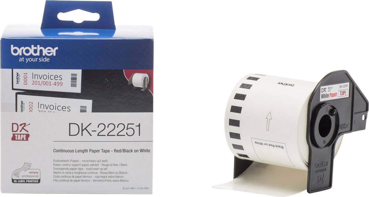 Une boîte et un rouleau de papier Brother DK-22251 pour l'impression d'étiquettes. La boîte indique 'Invoices 203/001-499'.